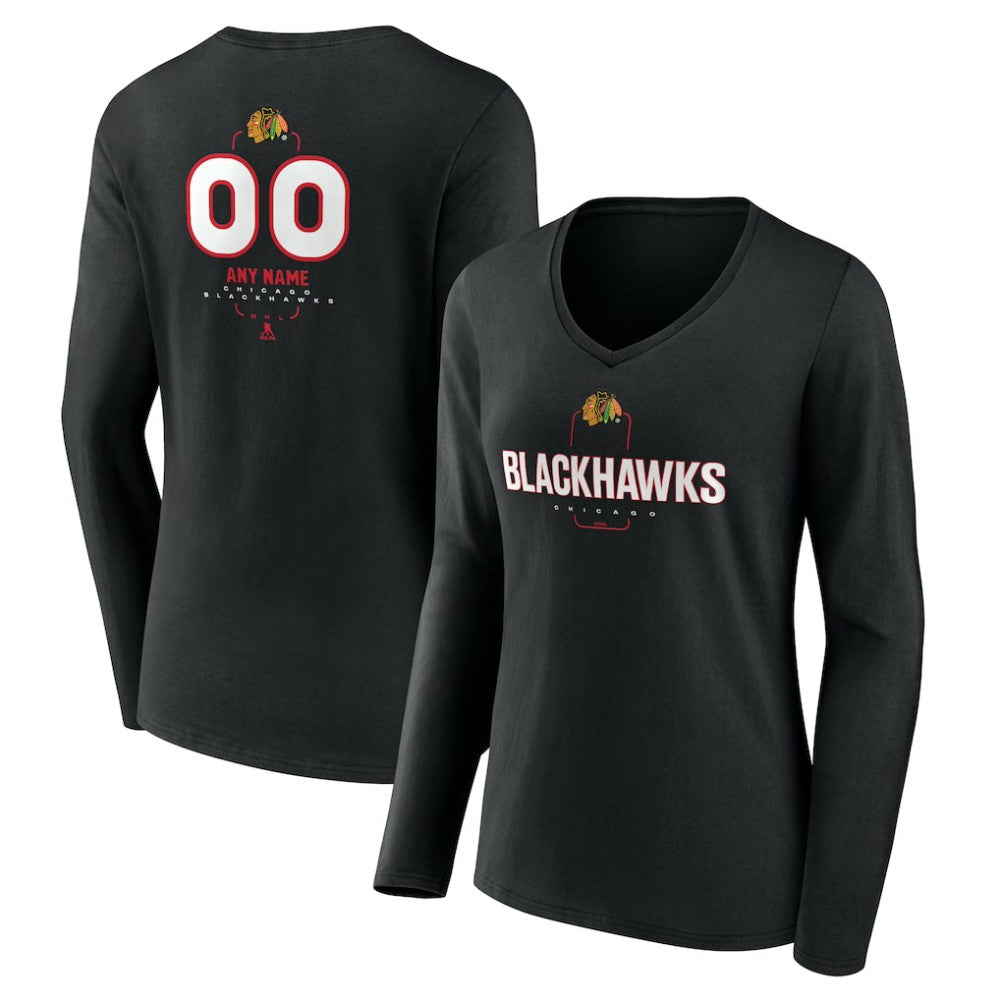 Chicago Blackhawks Women's Personalized Name & Number Midfielder Long Sleeve V-Neck T-Shirt - Black - NHL