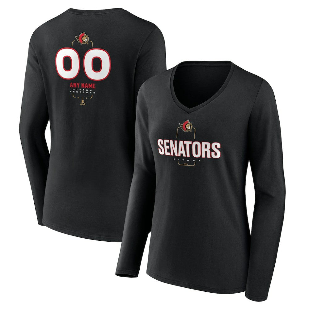 Ottawa Senators Women's Personalized Name & Number Midfielder Long Sleeve V-Neck T-Shirt - Black - NHL