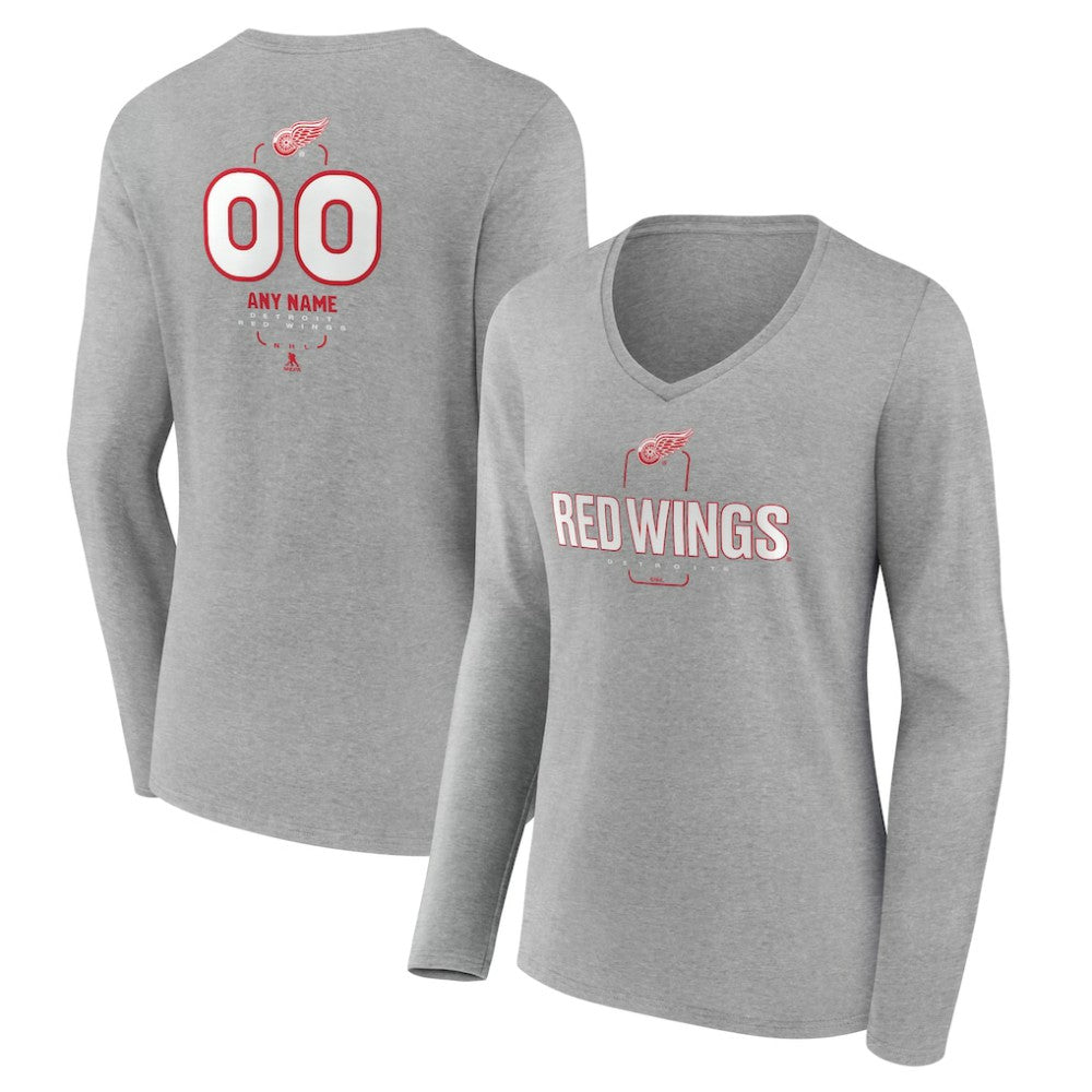 Detroit Red Wings Women's Personalized Name & Number Midfielder Long Sleeve V-Neck T-Shirt - Gray - NHL