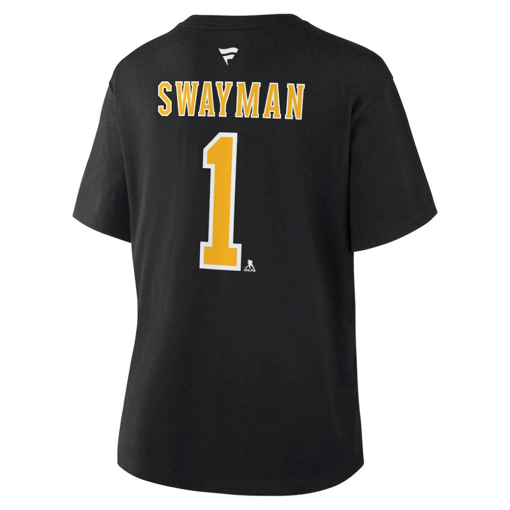 Jeremy Swayman Boston Bruins Fanatics Women's Authentic Stack Name & Number T-Shirt - Black - NHL