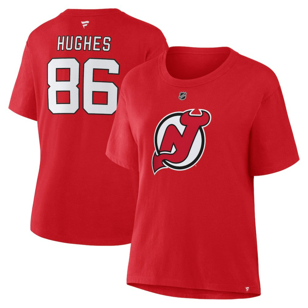 Jack Hughes New Jersey Devils Fanatics Women's Authentic Stack Name & Number T-Shirt - Red - NHL