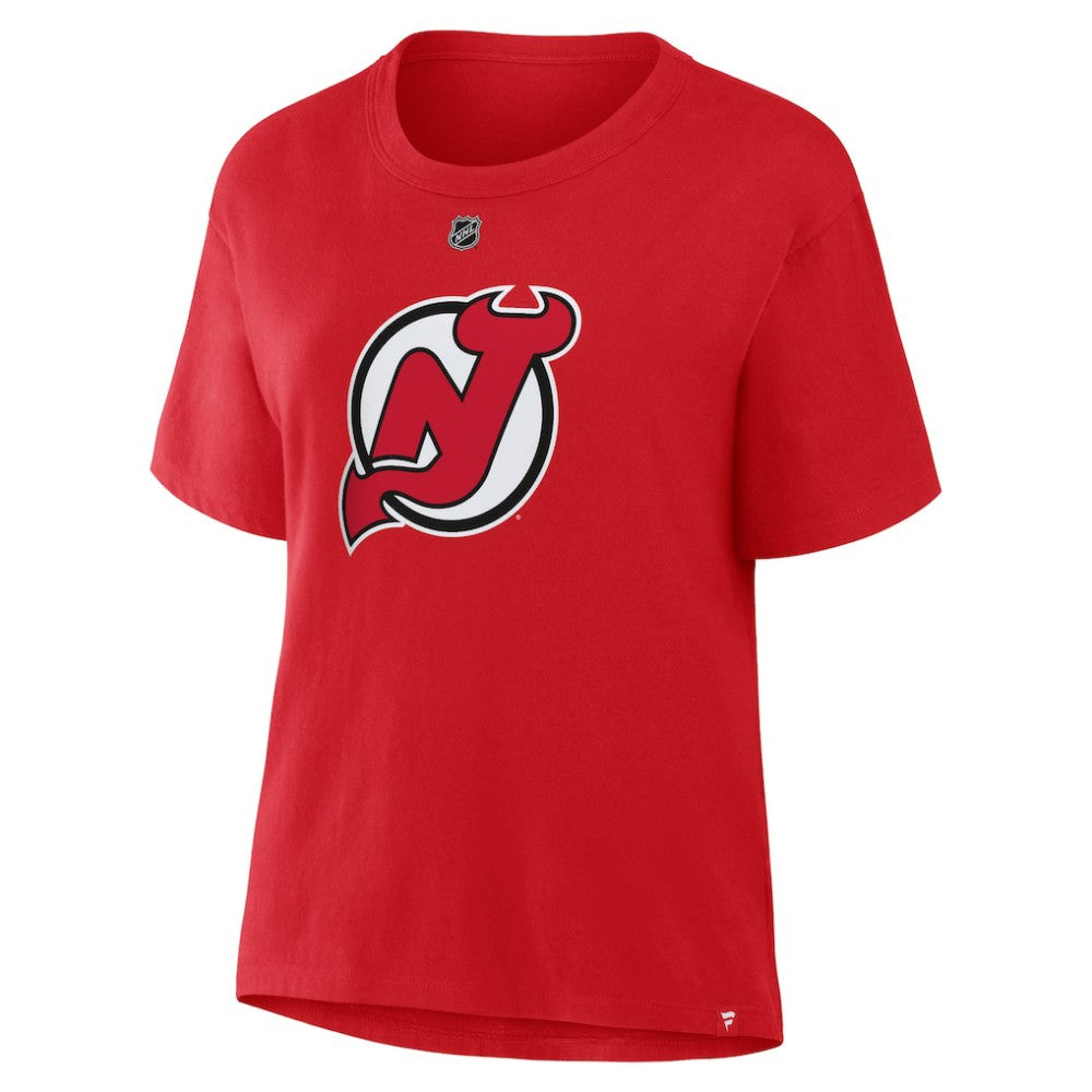 Jack Hughes New Jersey Devils Fanatics Women's Authentic Stack Name & Number T-Shirt - Red - NHL