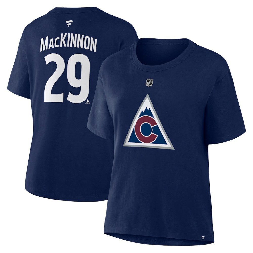 Nathan MacKinnon Colorado Avalanche Fanatics Women's Authentic Stack Name & Number T-Shirt - Navy - NHL