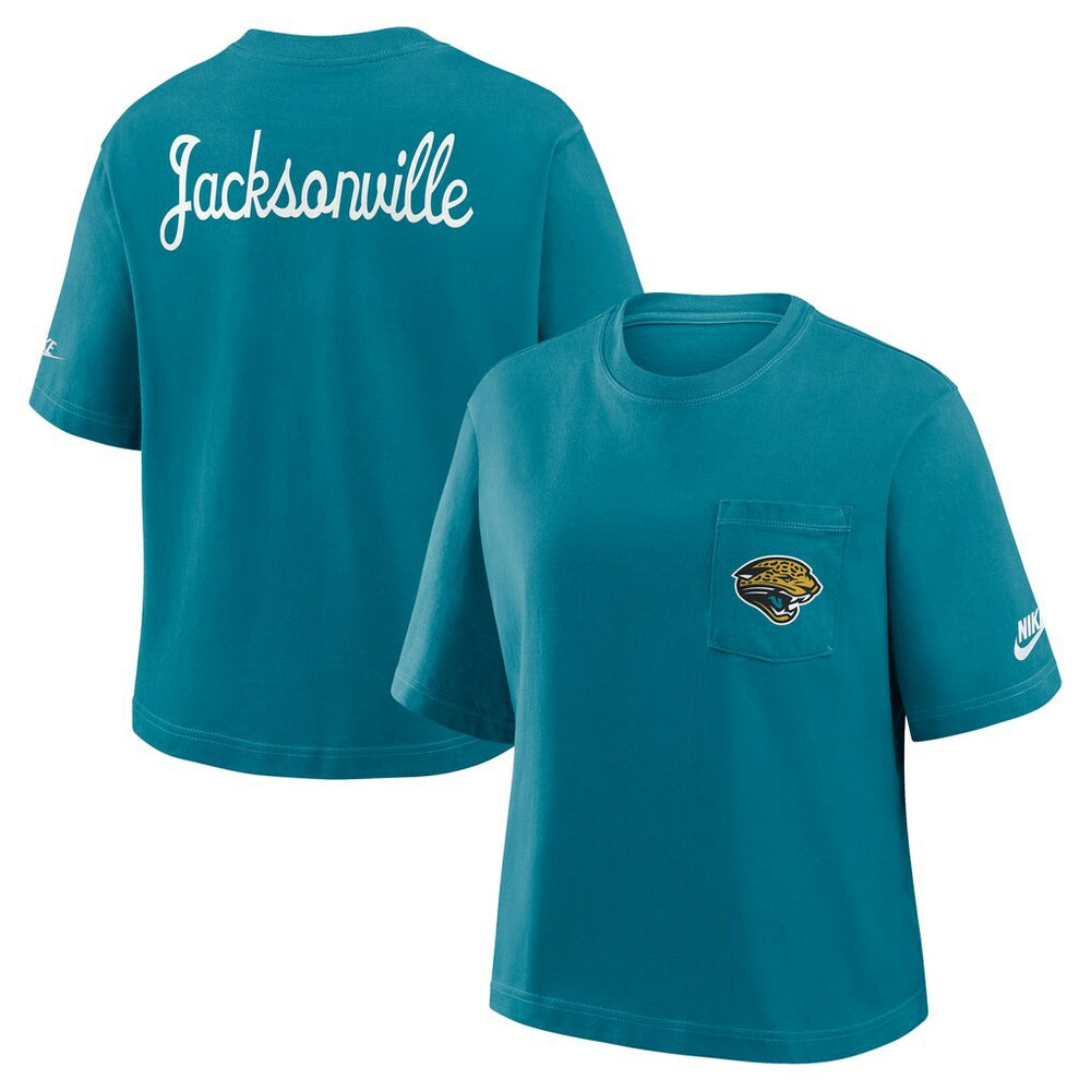 Jacksonville Jaguars Women's Rewind Pocket Boxy T-Shirt Teal | Nike for Sale