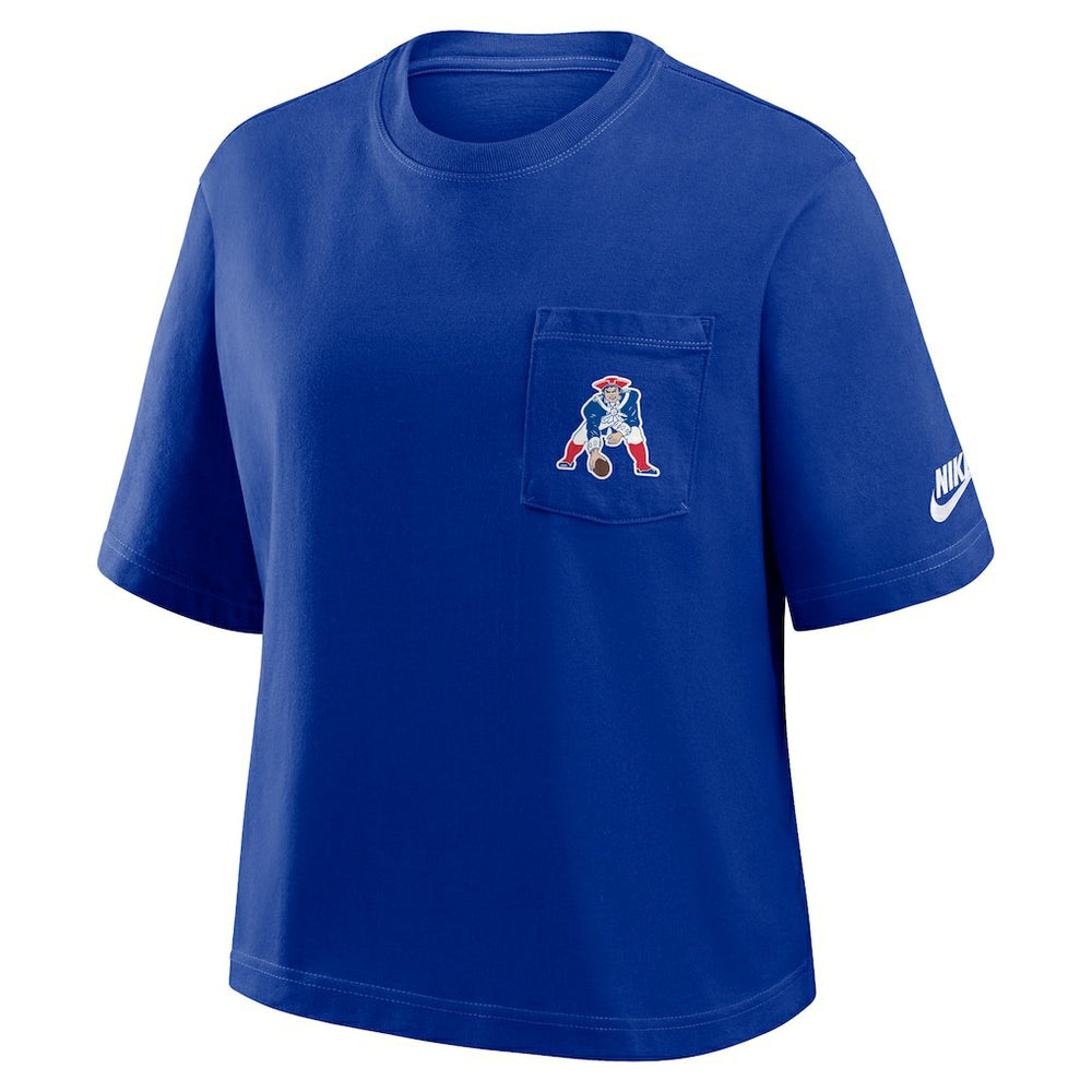 New England Patriots Women's Rewind Pocket Boxy T-Shirt Royal | Nike for Sale
