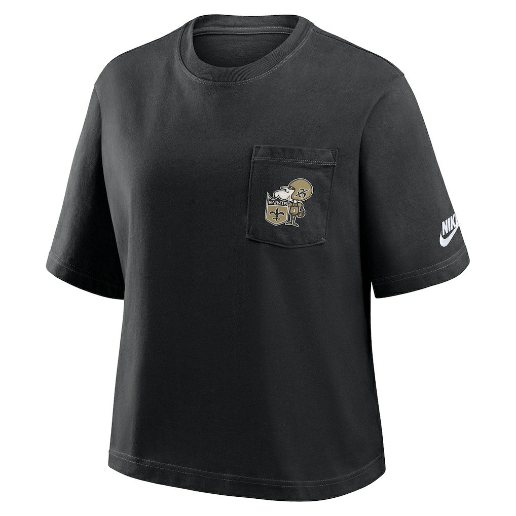 New Orleans Saints Women's Rewind Pocket Boxy T-Shirt Black | Nike for Sale