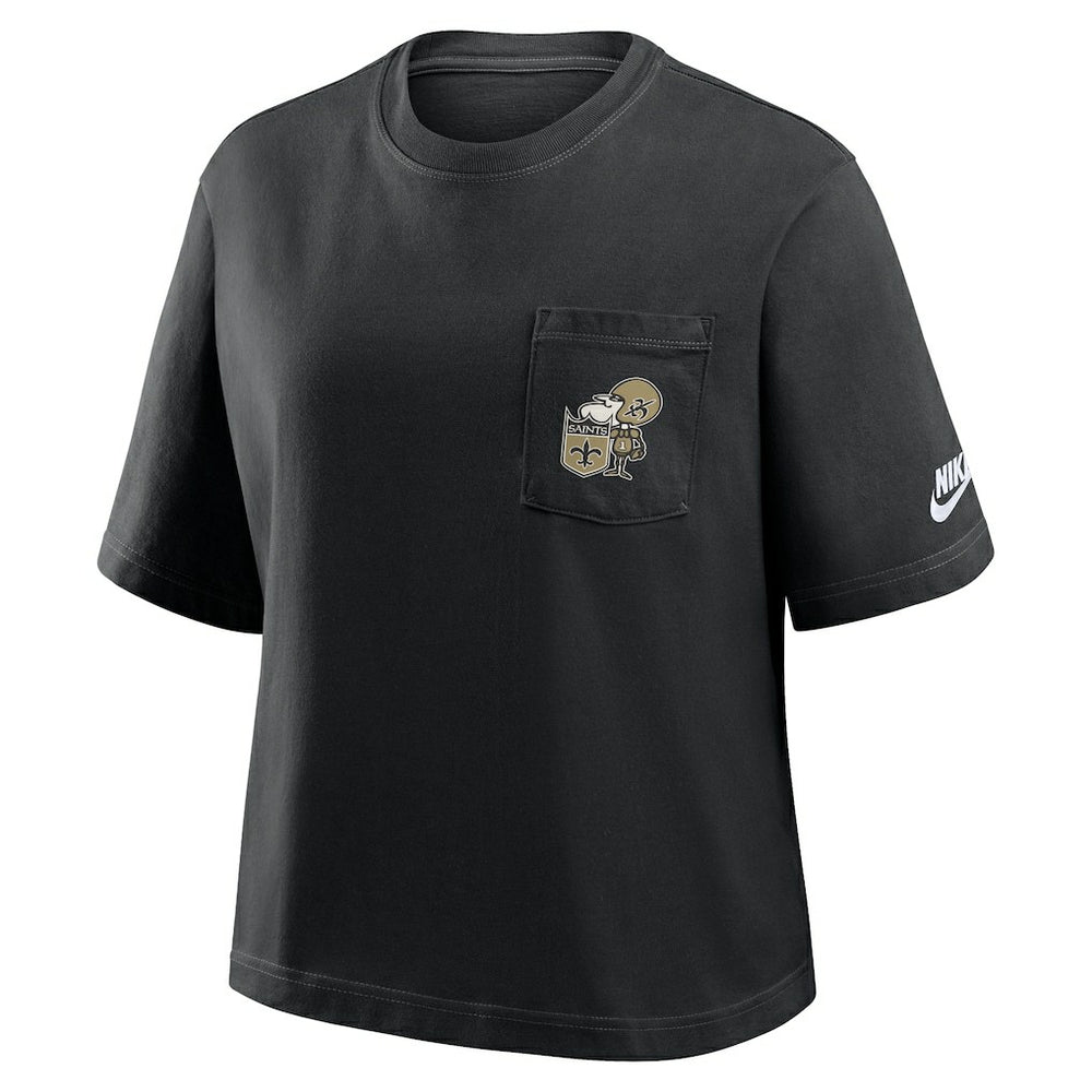 New Orleans Saints Women's Rewind Pocket Boxy T-Shirt Black | Nike for Sale