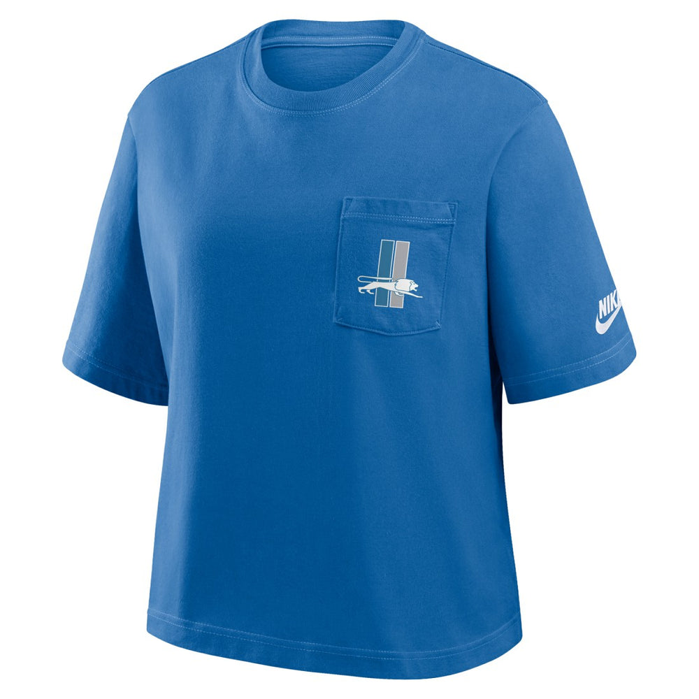 Detroit Lions Women's Rewind Pocket Boxy T-Shirt Blue | Nike for Sale