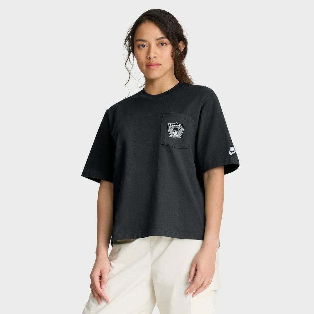 Las Vegas Raiders Women's Rewind Pocket Boxy T-Shirt Black | Nike for Sale