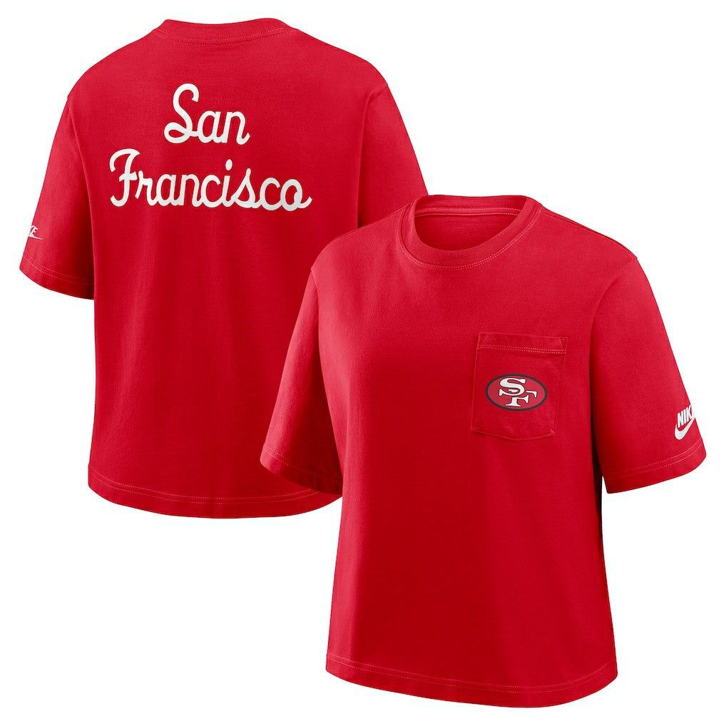 San Francisco 49ers Women's Rewind Pocket Boxy T-Shirt Scarlet | Nike for Sale