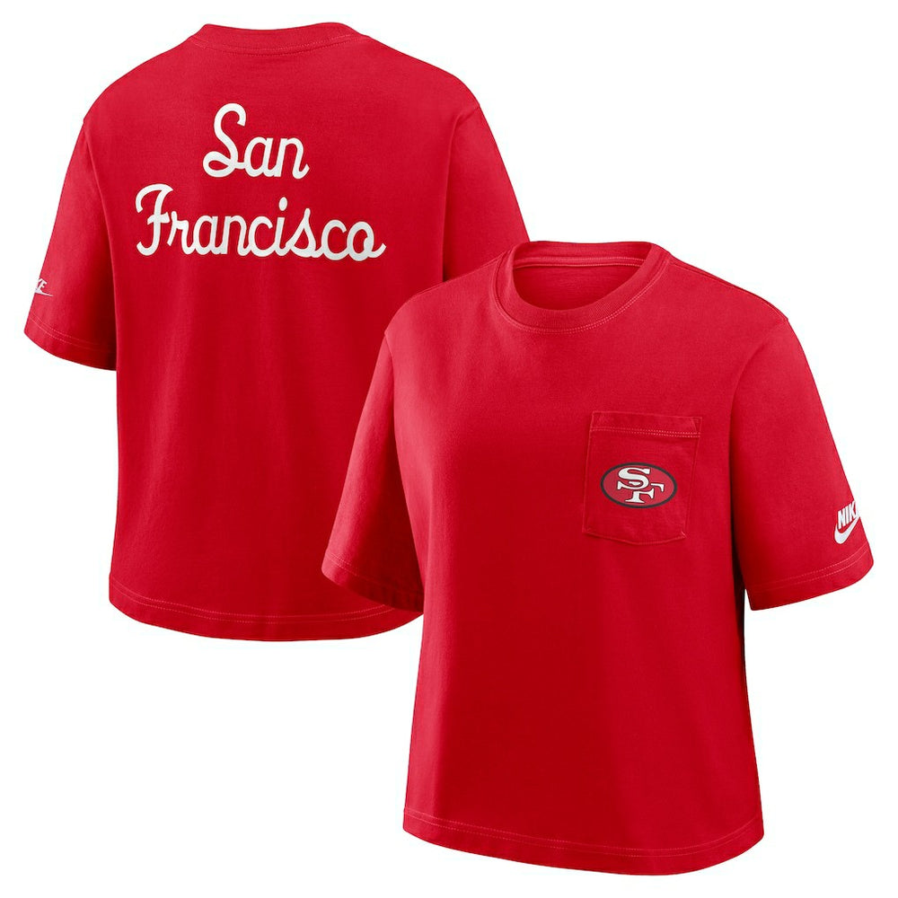 San Francisco 49ers Women's Rewind Pocket Boxy T-Shirt Scarlet | Nike for Sale