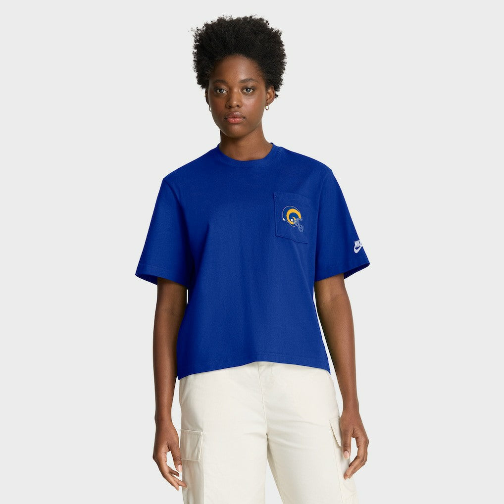 Los Angeles Rams Women's Rewind Pocket Boxy T-Shirt Royal | Nike for Sale