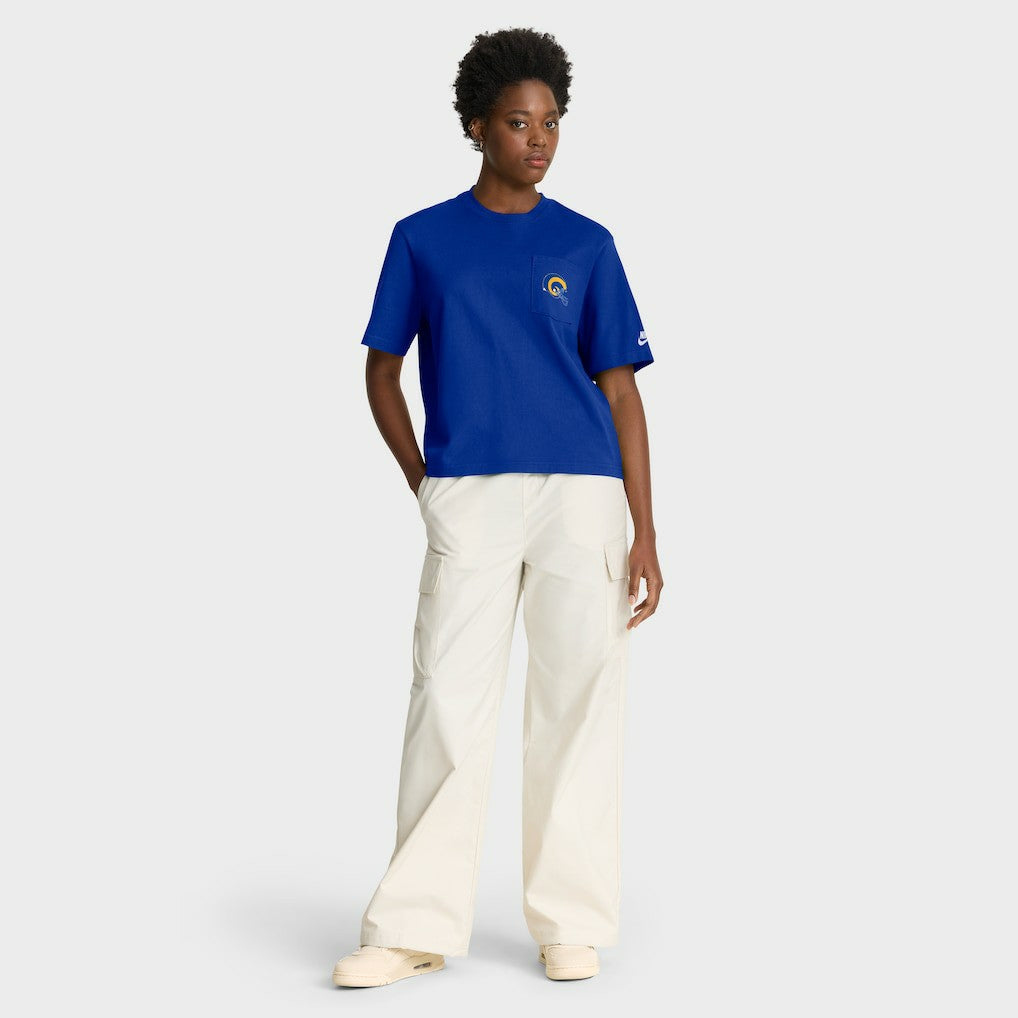 Los Angeles Rams Women's Rewind Pocket Boxy T-Shirt Royal | Nike for Sale