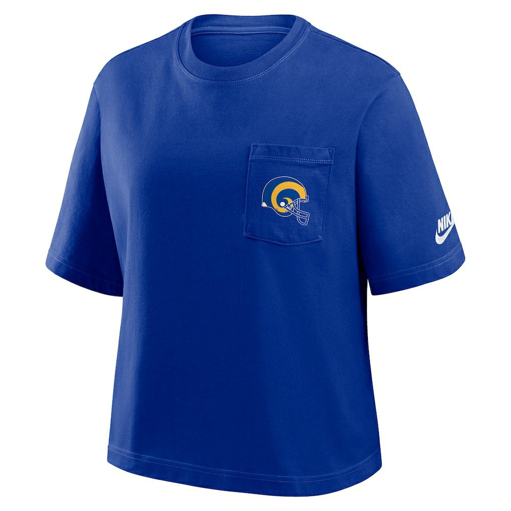 Los Angeles Rams Women's Rewind Pocket Boxy T-Shirt Royal | Nike for Sale