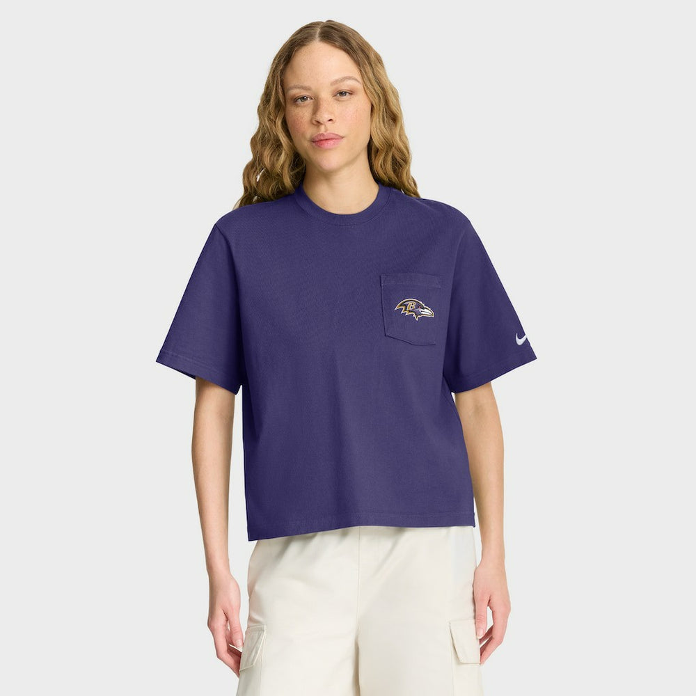 Baltimore Ravens Women's Rewind Pocket Boxy T-Shirt Purple | Nike for Sale