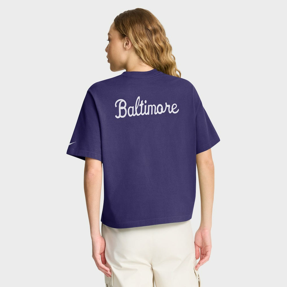 Baltimore Ravens Women's Rewind Pocket Boxy T-Shirt Purple | Nike for Sale