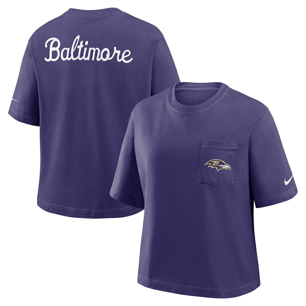 Baltimore Ravens Women's Rewind Pocket Boxy T-Shirt Purple | Nike for Sale