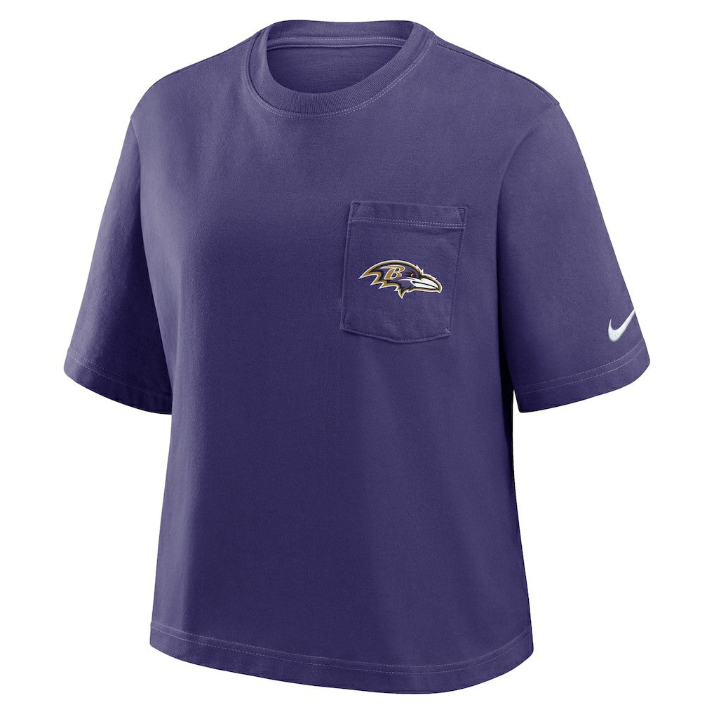 Baltimore Ravens Women's Rewind Pocket Boxy T-Shirt Purple | Nike for Sale