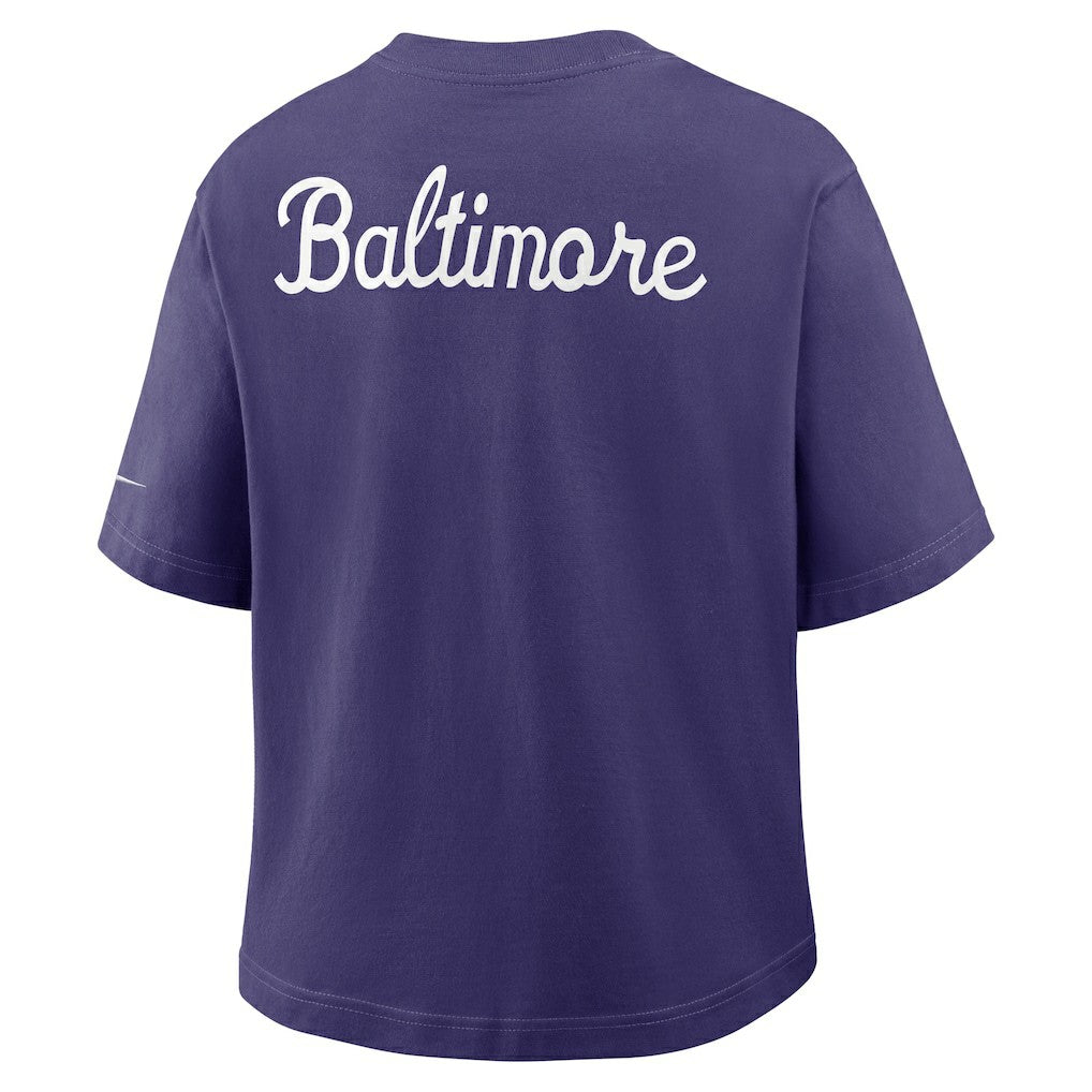 Baltimore Ravens Women's Rewind Pocket Boxy T-Shirt Purple | Nike for Sale