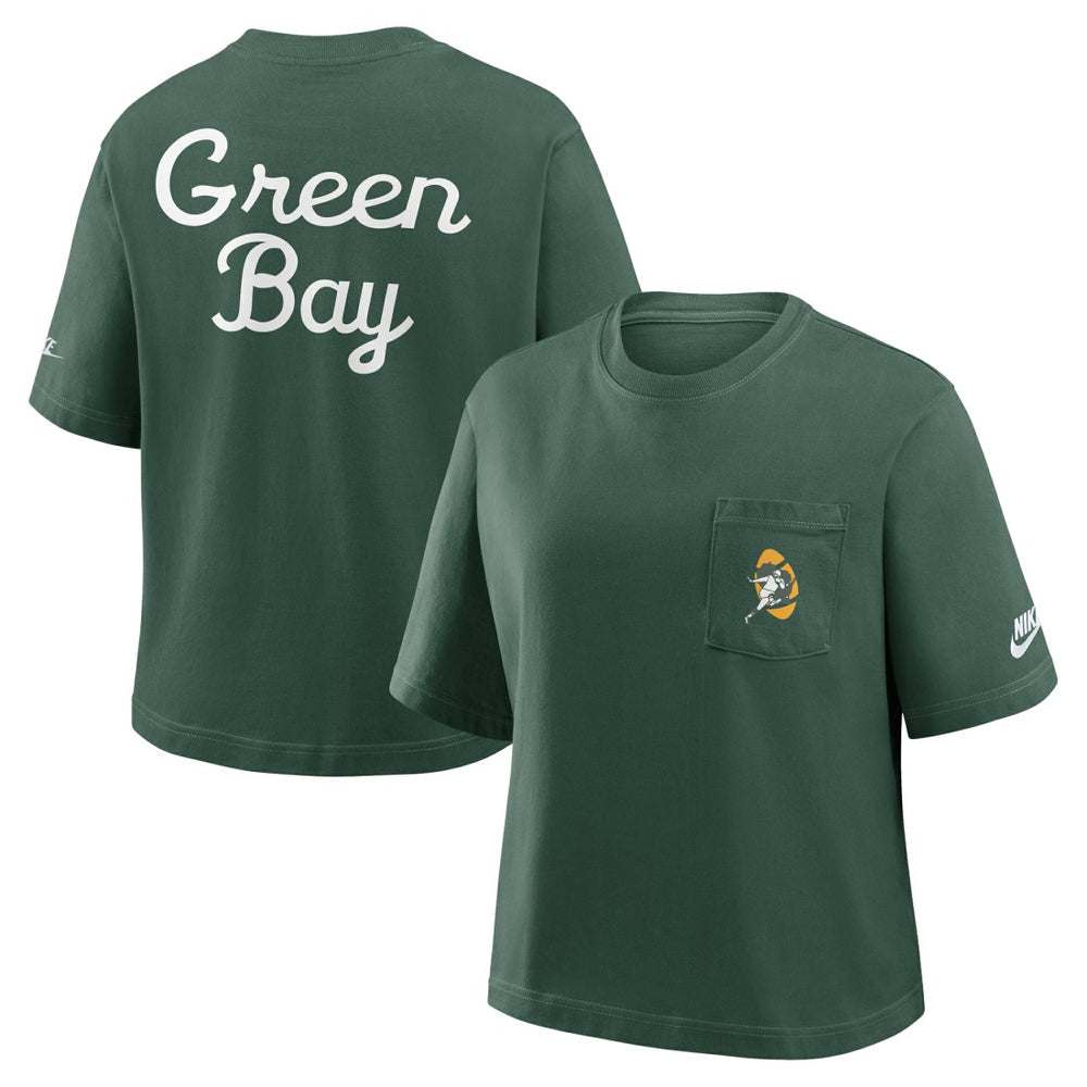 Green Bay Packers Women's Rewind Pocket Boxy T-Shirt Green | Nike for Sale