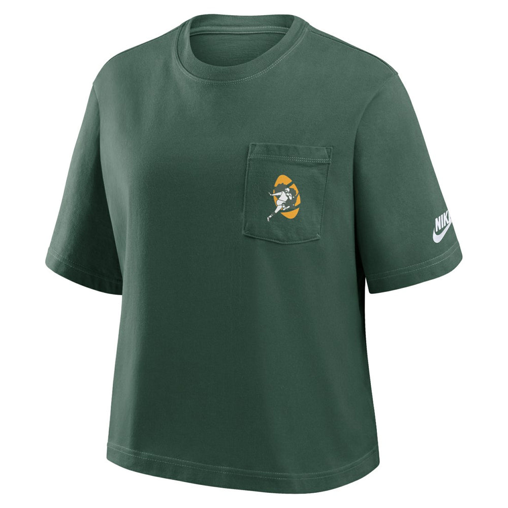 Green Bay Packers Women's Rewind Pocket Boxy T-Shirt Green | Nike for Sale