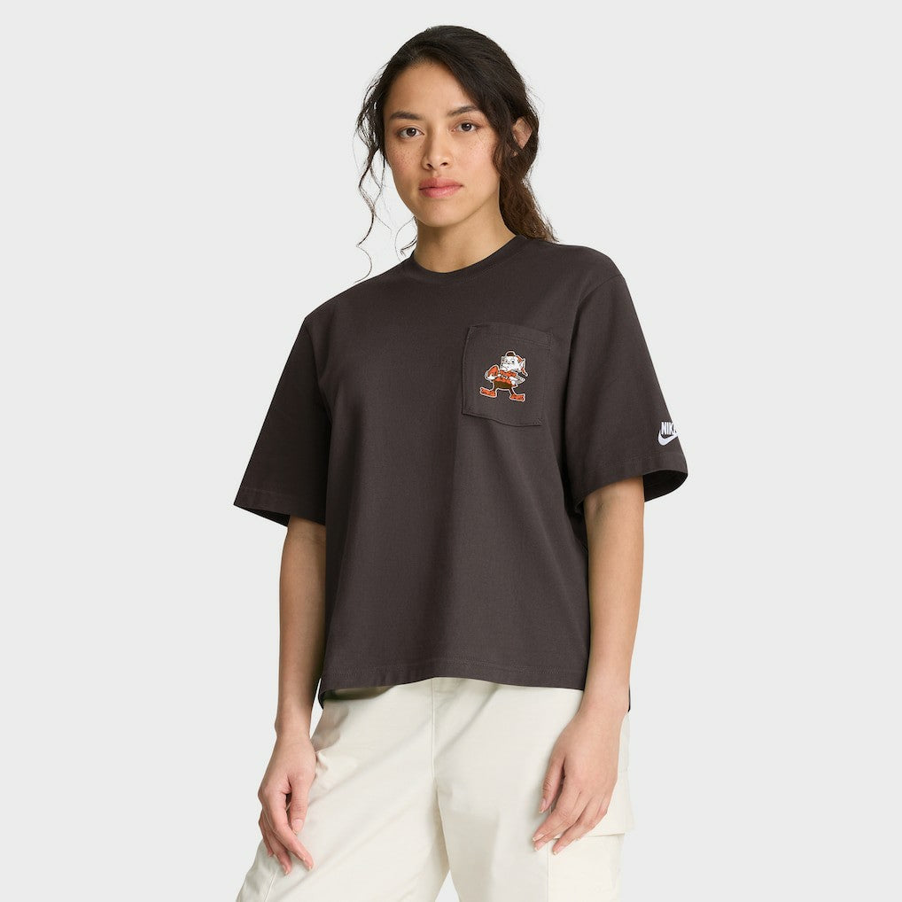 Cleveland Browns Women's Rewind Pocket Boxy T-Shirt Brown | Nike for Sale