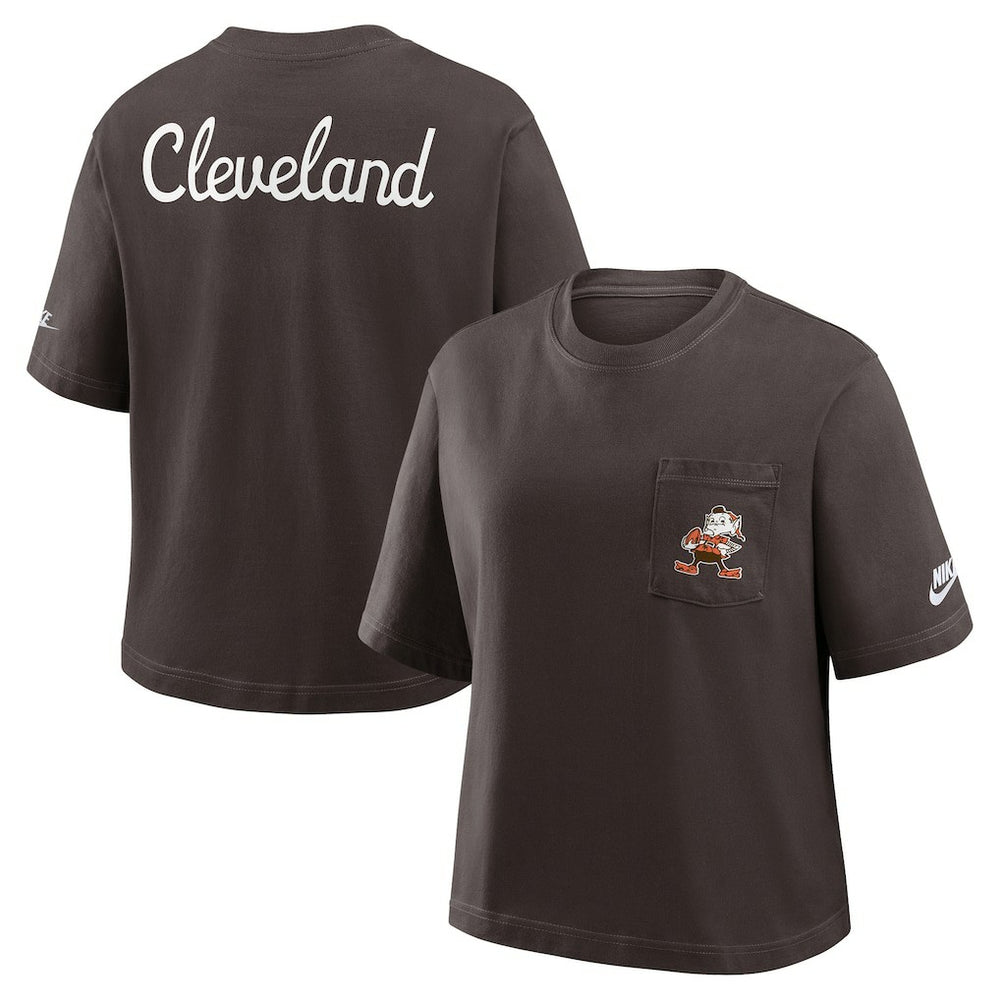 Cleveland Browns Women's Rewind Pocket Boxy T-Shirt Brown | Nike for Sale