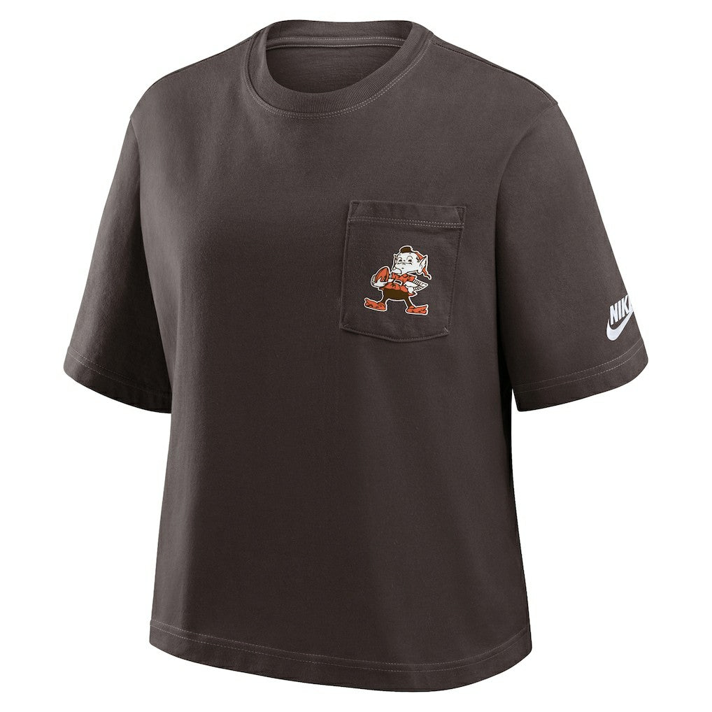 Cleveland Browns Women's Rewind Pocket Boxy T-Shirt Brown | Nike for Sale