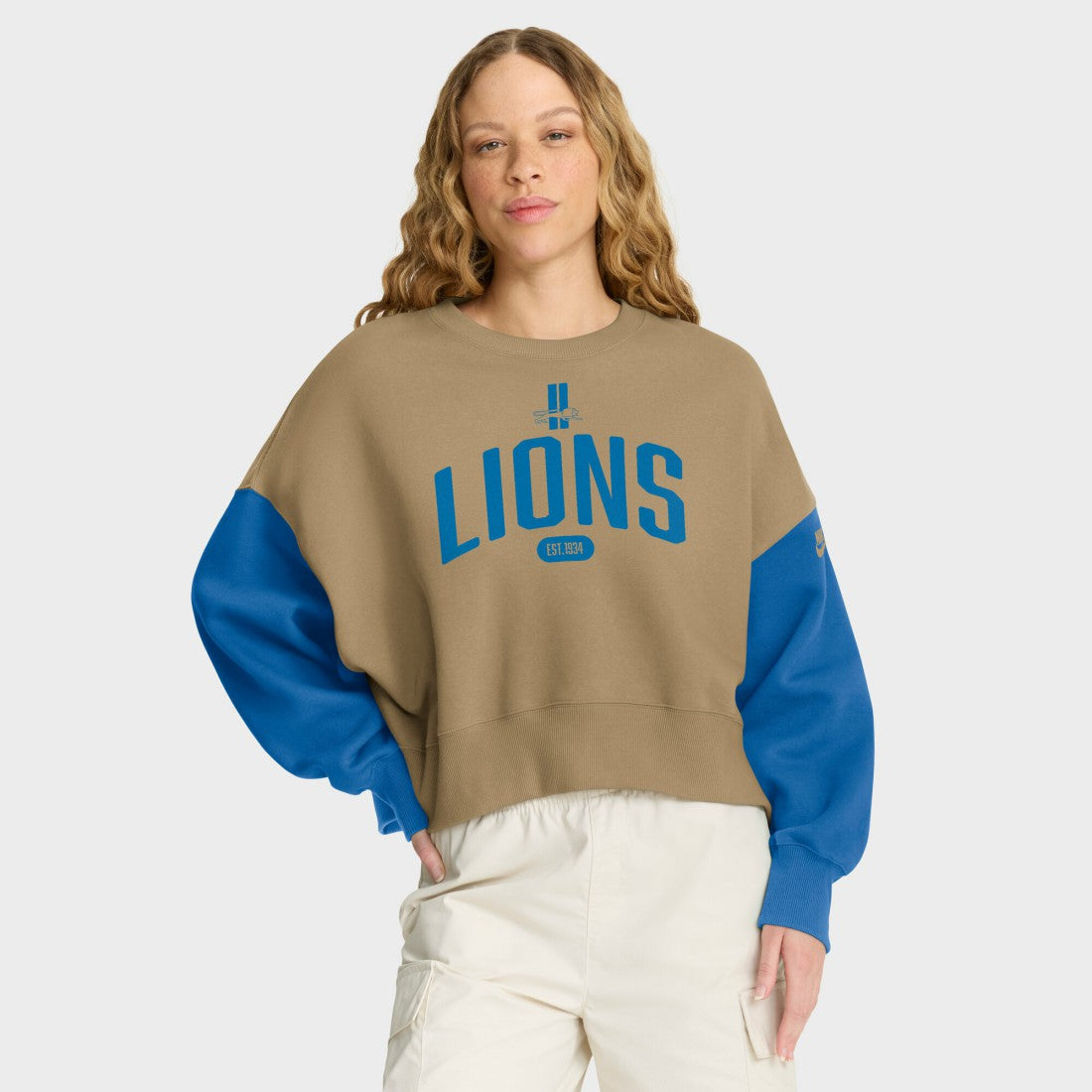 Detroit Lions Women's Oversized Rewind Pullover Sweatshirt Tan | Nike for Sale