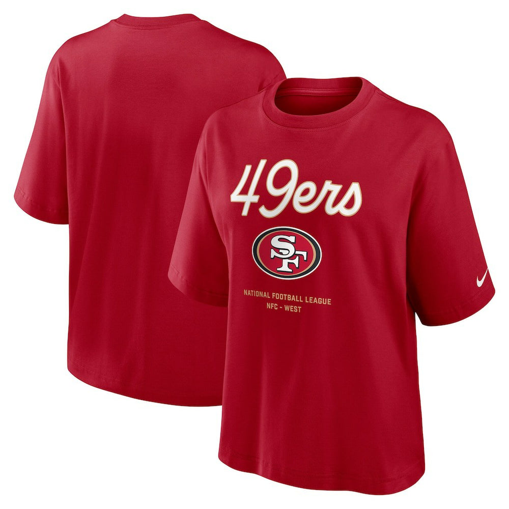 San Francisco 49ers Women's Essential Script Relaxed Boxy T-Shirt Scarlet | Nike for Sale
