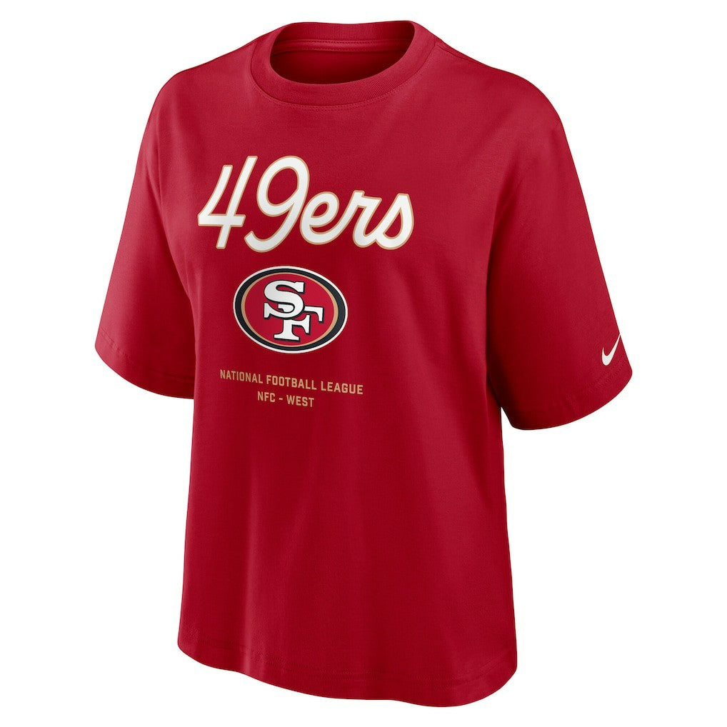 San Francisco 49ers Women's Essential Script Relaxed Boxy T-Shirt Scarlet | Nike for Sale