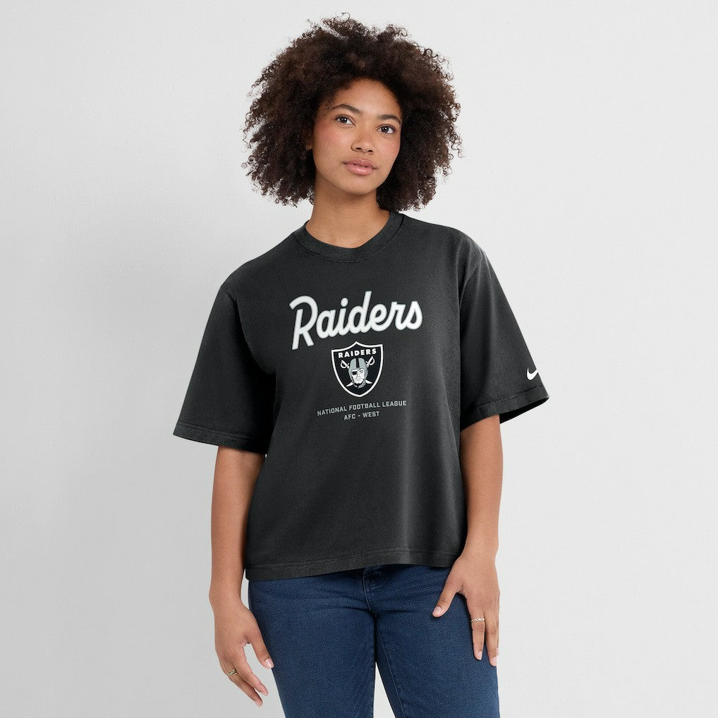 Las Vegas Raiders Women's Essential Script Relaxed Boxy T-Shirt Black | Nike for Sale