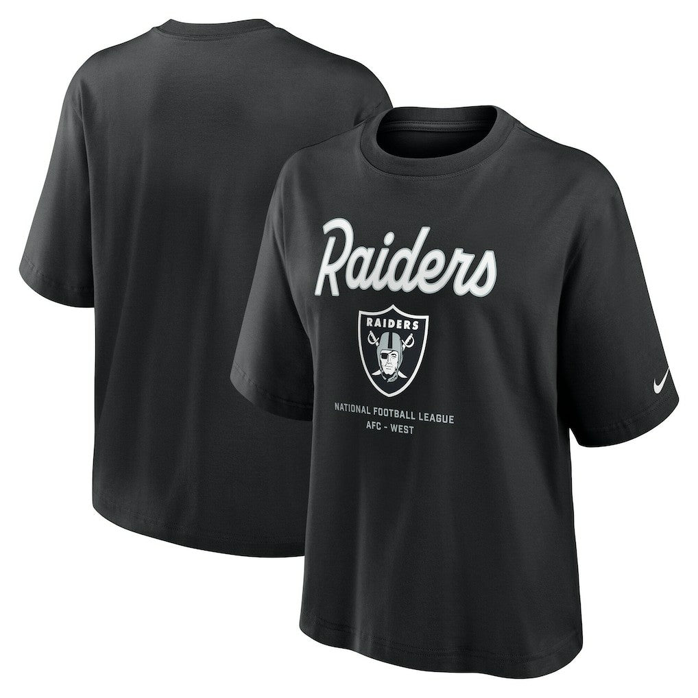 Las Vegas Raiders Women's Essential Script Relaxed Boxy T-Shirt Black | Nike for Sale