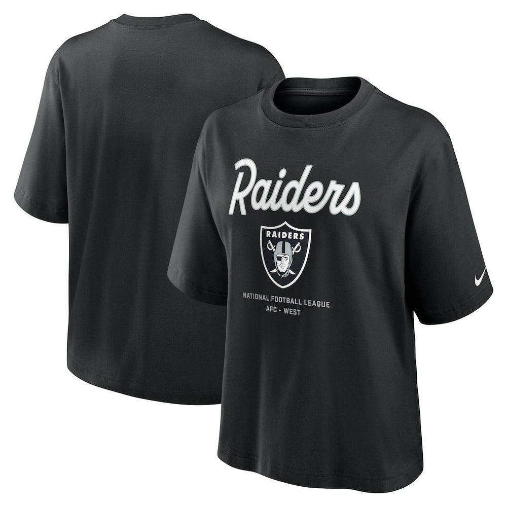 Las Vegas Raiders Women's Essential Script Relaxed Boxy T-Shirt Black | Nike for Sale