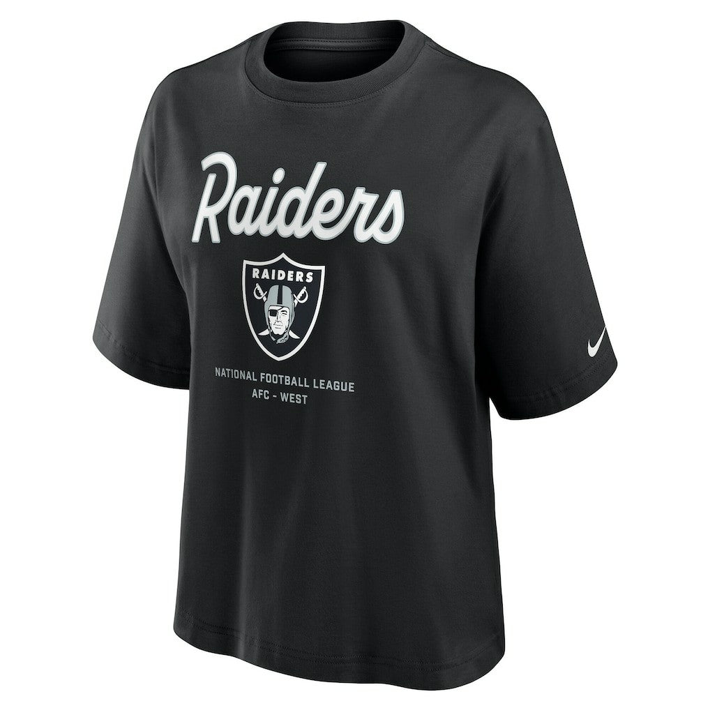 Las Vegas Raiders Women's Essential Script Relaxed Boxy T-Shirt Black | Nike for Sale