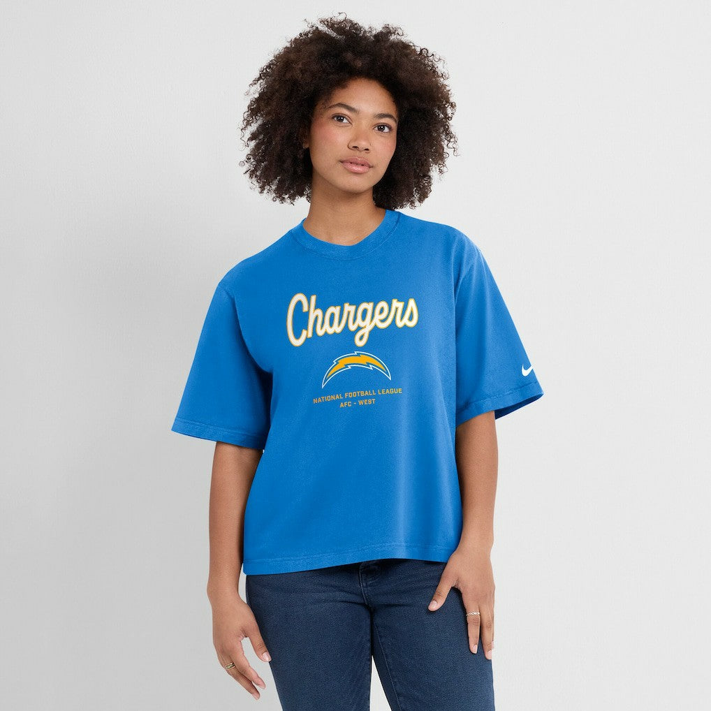 Los Angeles Chargers Women's Essential Script Relaxed Boxy T-Shirt Powder Blue | Nike for Sale