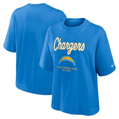 Los Angeles Chargers Women's Essential Script Relaxed Boxy T-Shirt Powder Blue | Nike for Sale