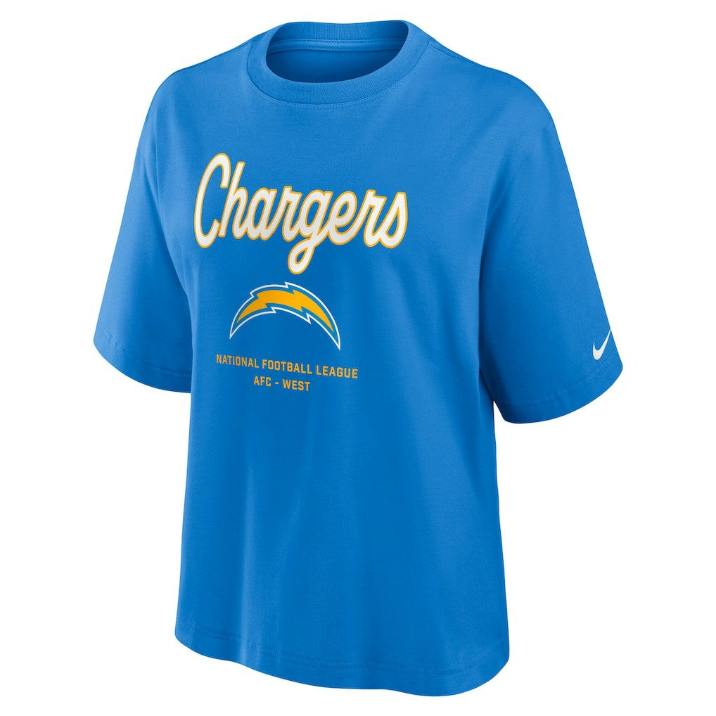Los Angeles Chargers Women's Essential Script Relaxed Boxy T-Shirt Powder Blue | Nike for Sale