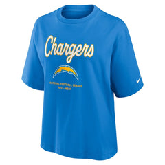 Los Angeles Chargers Women's Essential Script Relaxed Boxy T-Shirt Powder Blue | Nike for Sale
