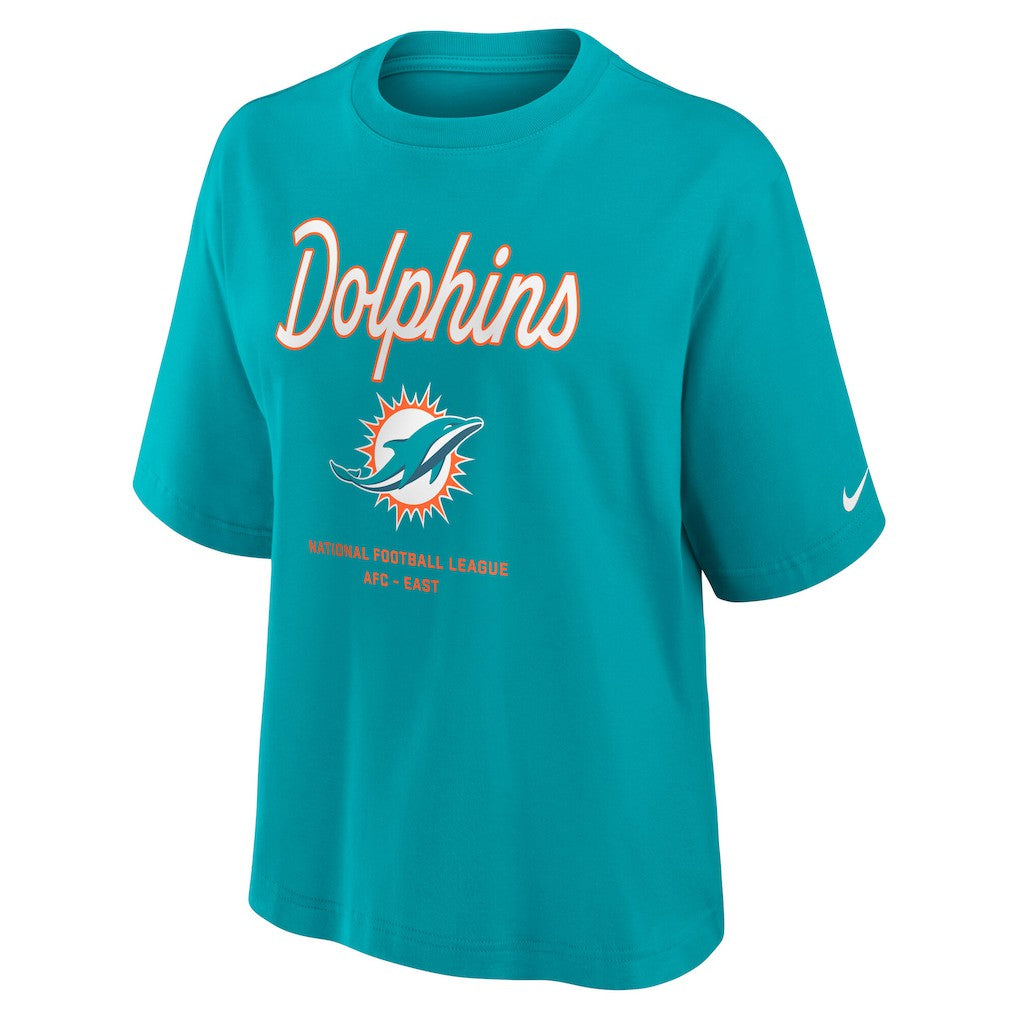 Miami Dolphins Women's Essential Script Relaxed Boxy T-Shirt Aqua | Nike for Sale