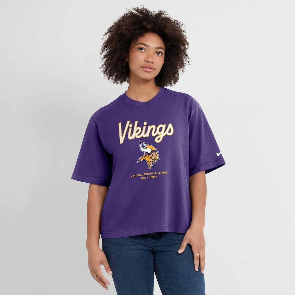 Minnesota Vikings Women's Essential Script Relaxed Boxy T-Shirt Purple | Nike for Sale