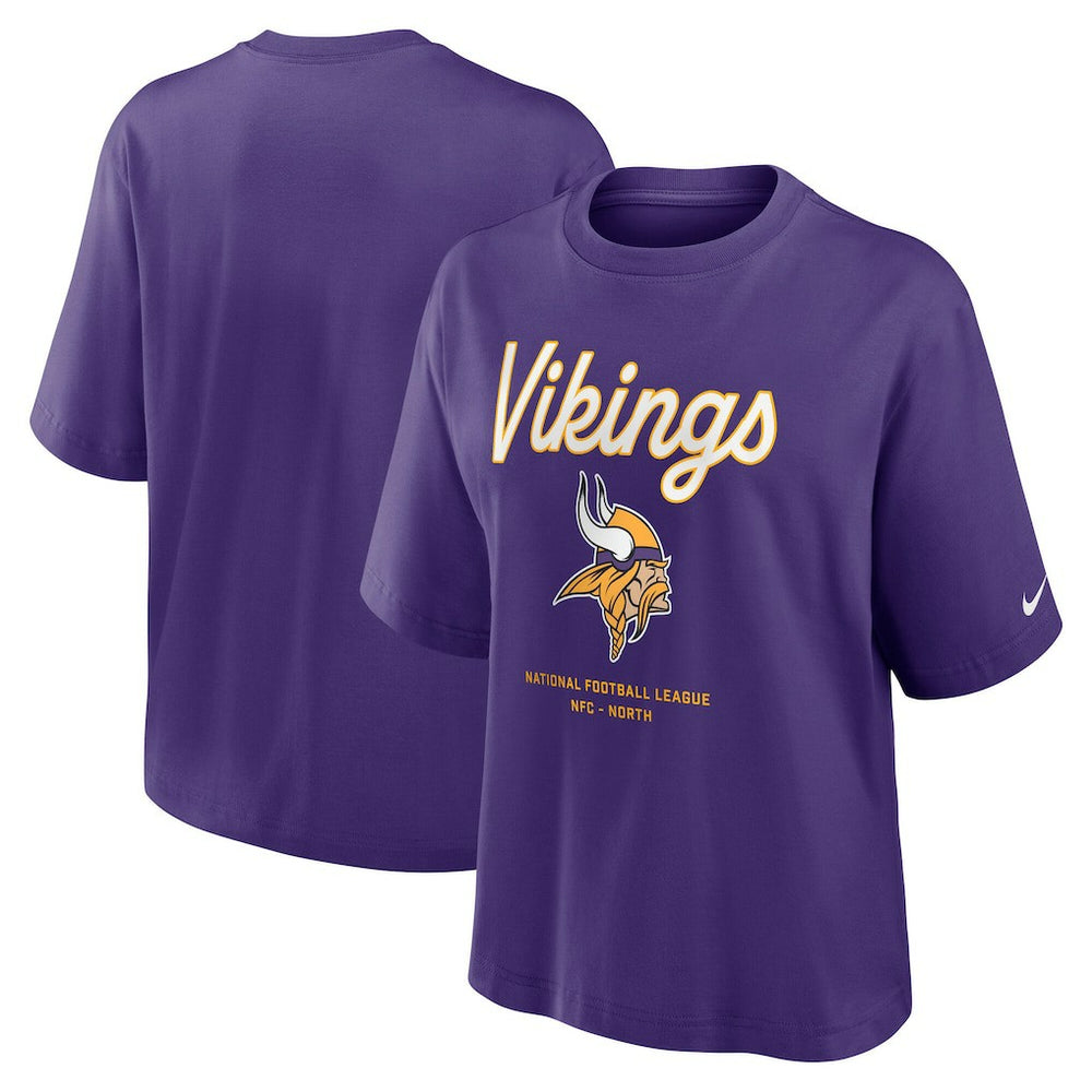 Minnesota Vikings Women's Essential Script Relaxed Boxy T-Shirt Purple | Nike for Sale
