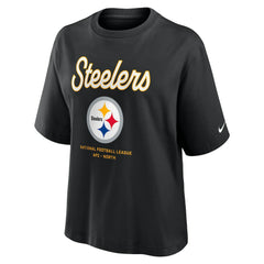 Pittsburgh Steelers Women's Essential Script Relaxed Boxy T-Shirt Black | Nike for Sale