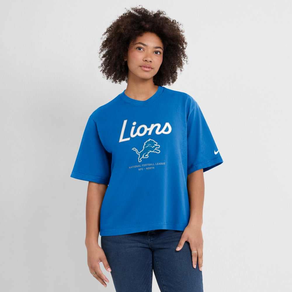 Detroit Lions Women's Essential Script Relaxed Boxy T-Shirt Blue | Nike for Sale