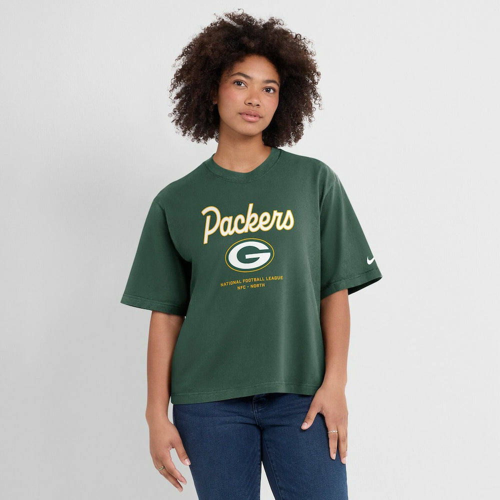 Green Bay Packers Women's Essential Script Relaxed Boxy T-Shirt Green | Nike for Sale