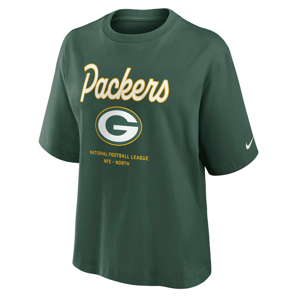 Green Bay Packers Women's Essential Script Relaxed Boxy T-Shirt Green | Nike for Sale