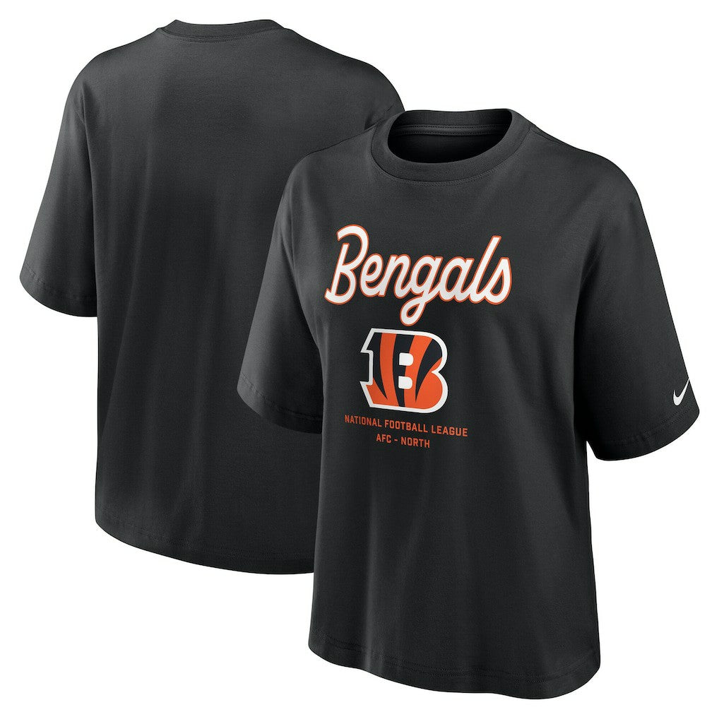 Cincinnati Bengals Women's Essential Script Relaxed Boxy T-Shirt Black | Nike for Sale