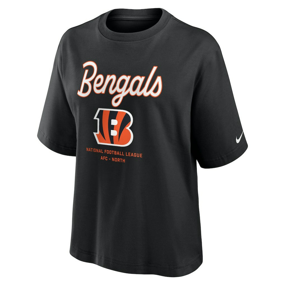 Cincinnati Bengals Women's Essential Script Relaxed Boxy T-Shirt Black | Nike for Sale