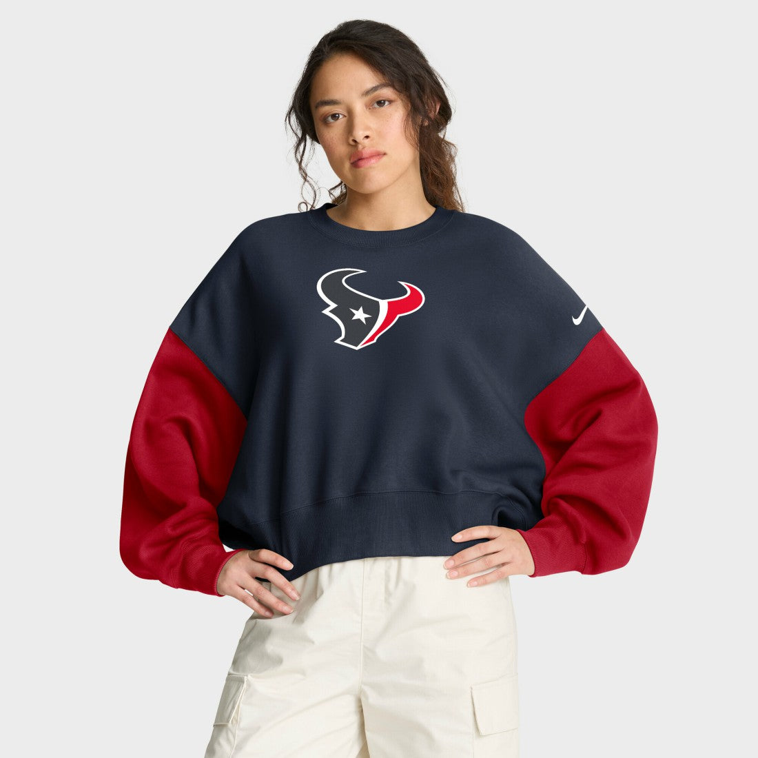 Houston Texans Women's Oversized Color-Block Pullover Sweatshirt Navy | Nike for Sale