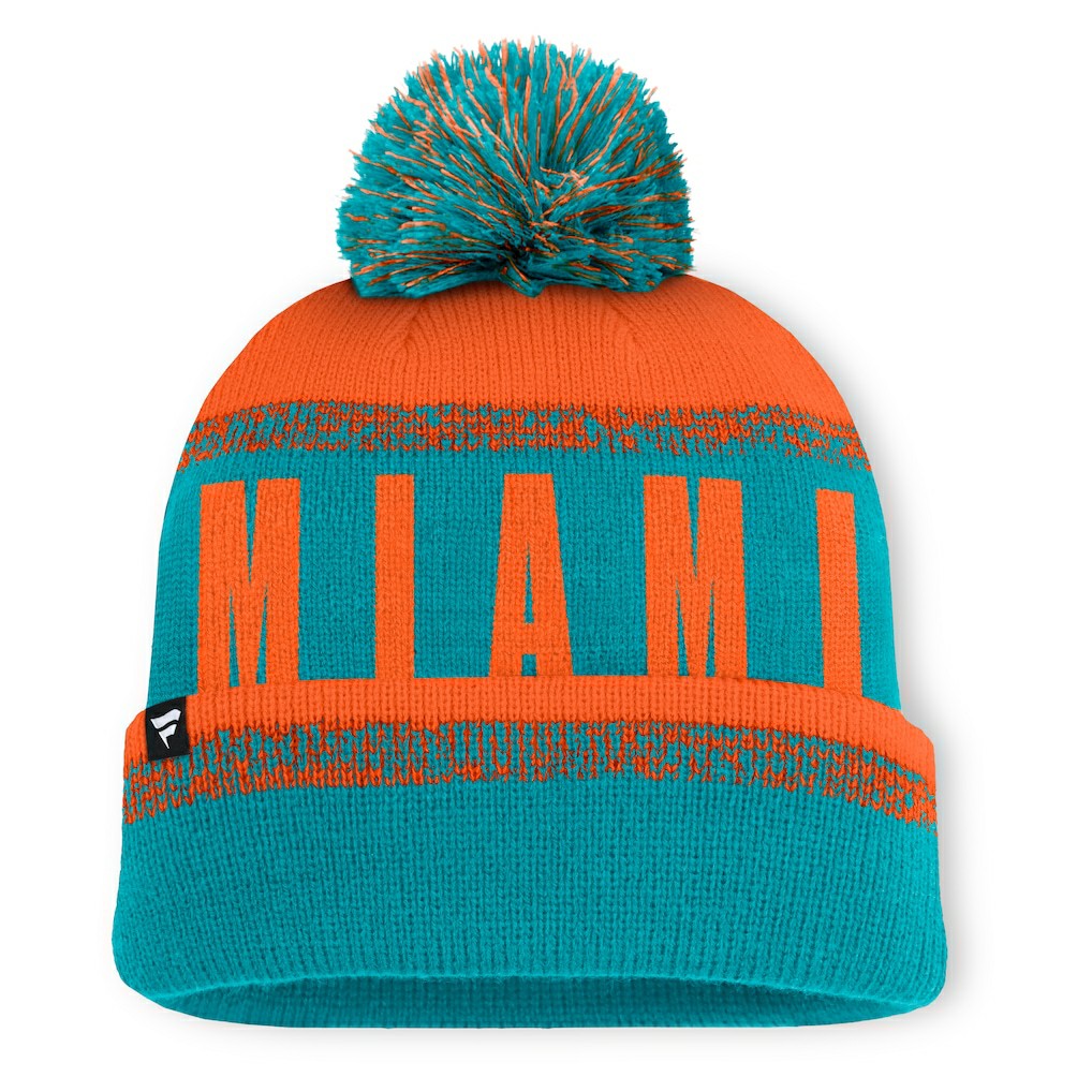 Miami Dolphins Play Action Cuffed Knit Hat with Pom Aqua/Orange | Fanatics